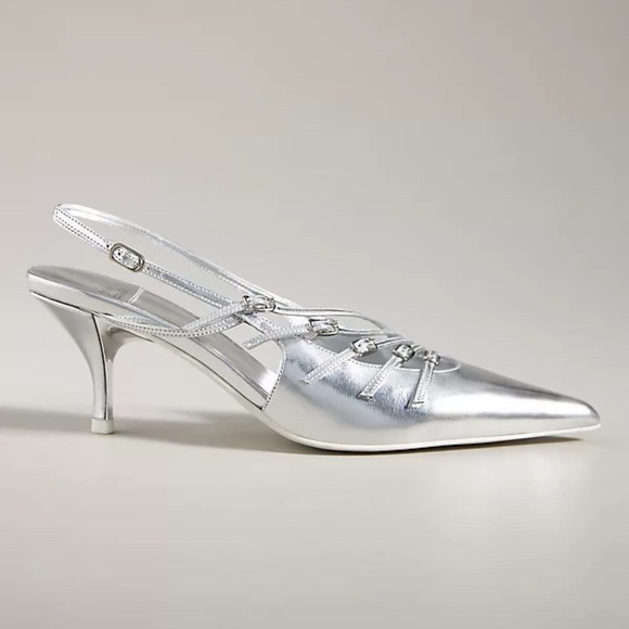 New Jeffrey Campbell Lash Slingback Heels Shoes Strappy Silver Size 8.5 - Picture 1 of 14